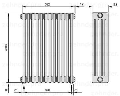Схема (чертеж) Радиатор Zehnder Charleston 5280/12 №5310 Белый глянцевый RAL 9016